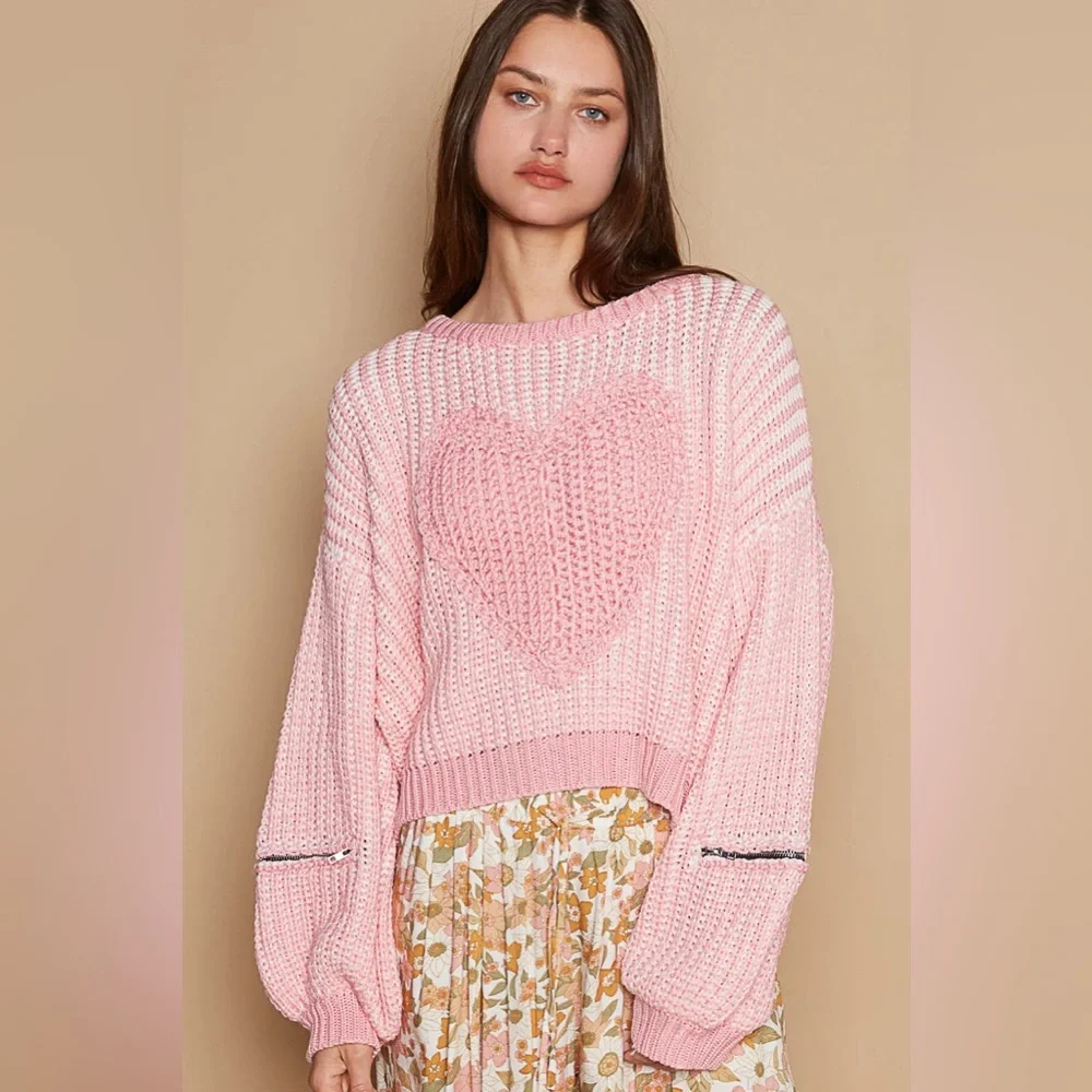 901. 🛑POL AT COST! LAST 1! Crochet Pullover Sweater Pink white Chunky Heart zip - Picture 3 of 6